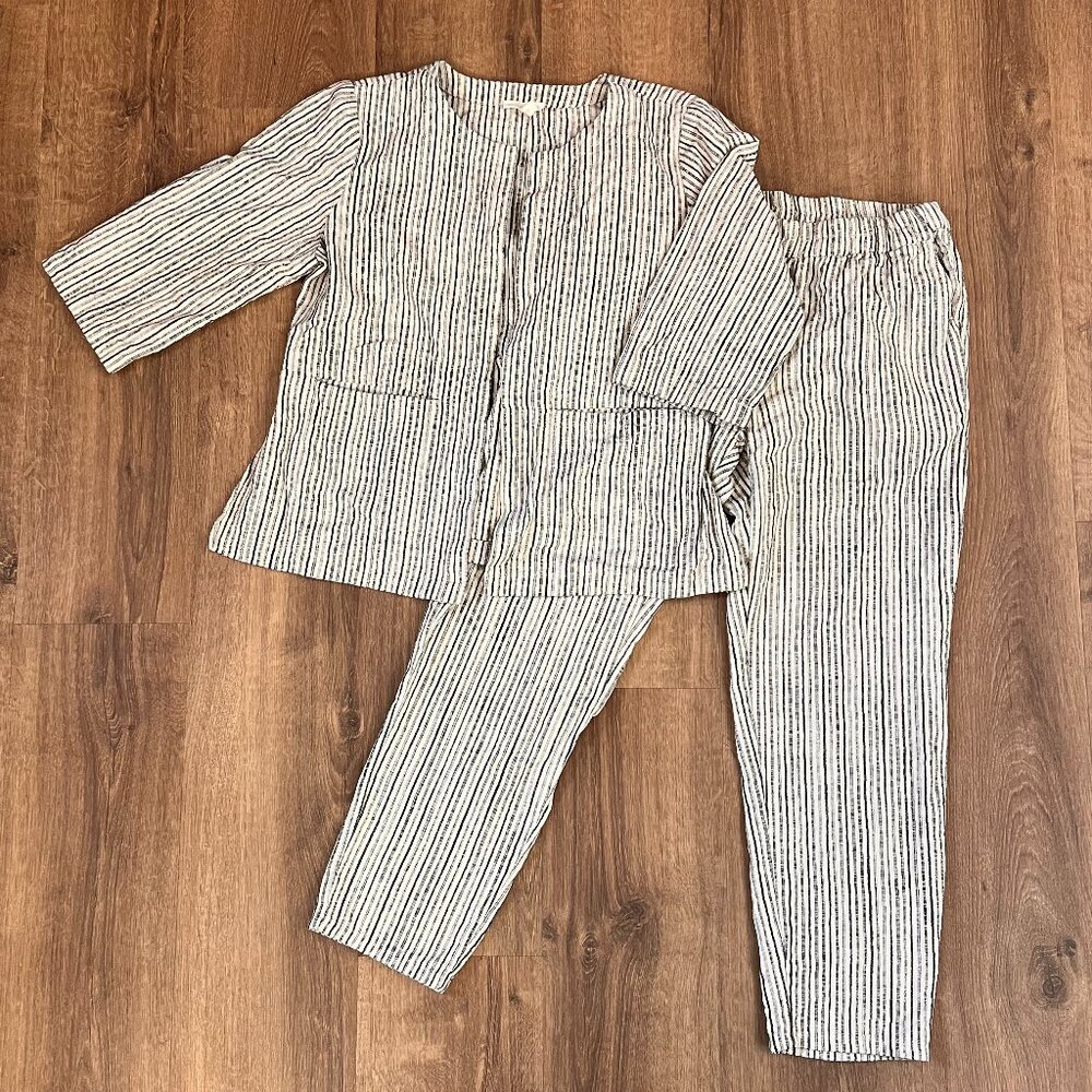 Eileen Fisher Organic Cotton Striped Jacket and Pants Set Sz M